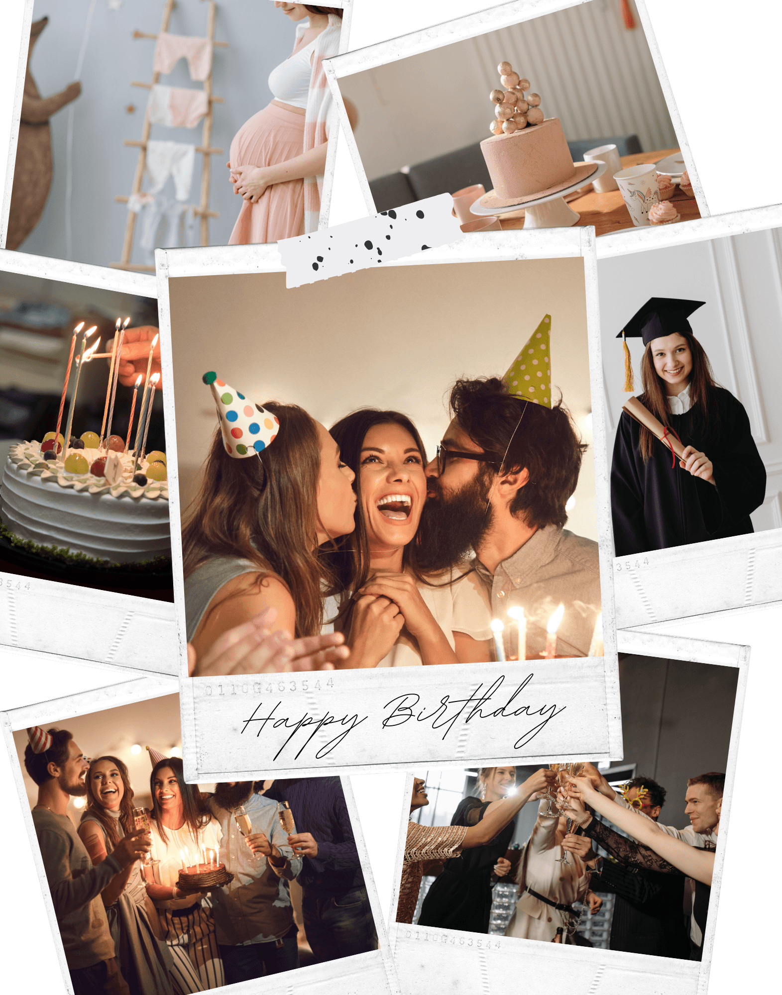 A vibrant collage showcasing people joyfully celebrating their birthdays with cake, balloons, and smiles