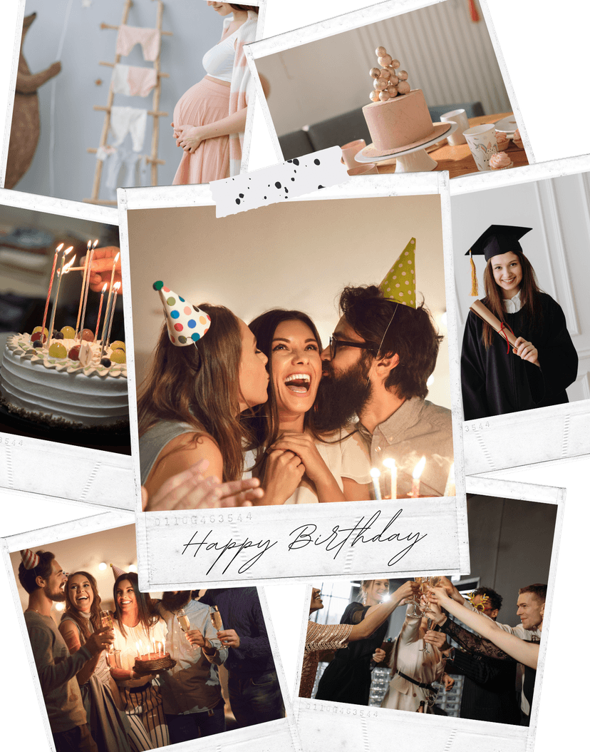 A vibrant collage showcasing people joyfully celebrating their birthdays with cake, balloons, and smiles